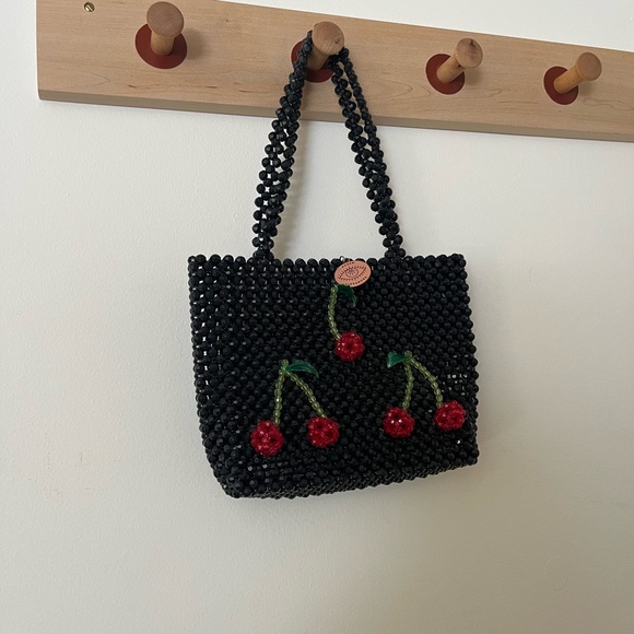Susan Alexandra Handbags - Susan Alexandra Black Beaded Tote with Red Cherry Motif